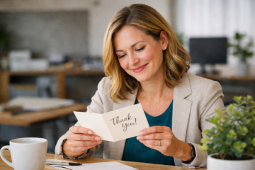 woman reading Thank you card