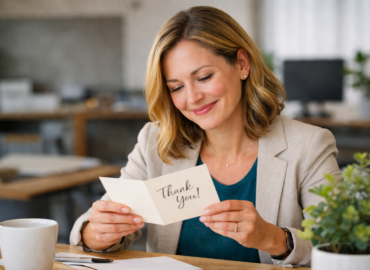 woman reading Thank you card