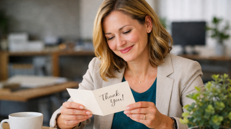 woman reading Thank you card